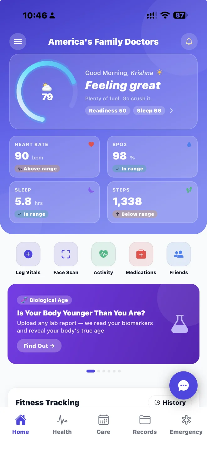 Healthvox patient app home screen with health score and key vitals